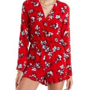 Long bell sleeve, red floral romper